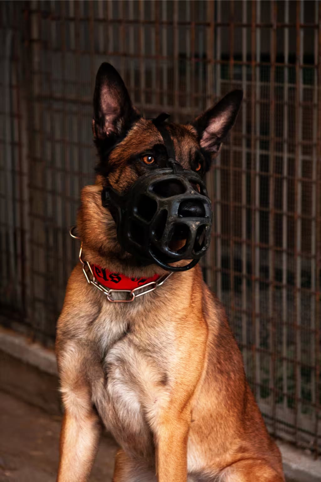 Malinois mit Maulkorb und rotem Teufels-Hunde-Halsband sitzt aufmerksam vor einem Zwingergitter