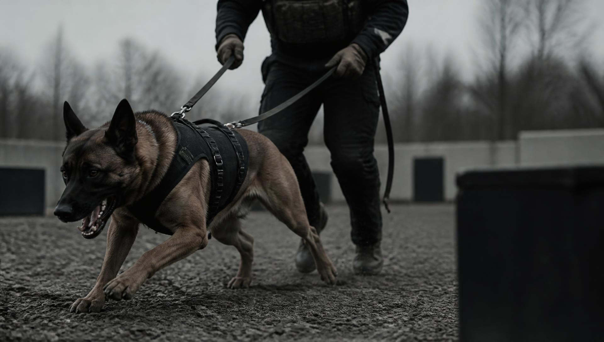 Belgischer Schäferhund im Geschirr arbeitet mit einem Hundeführer auf einem Trainingsplatz
