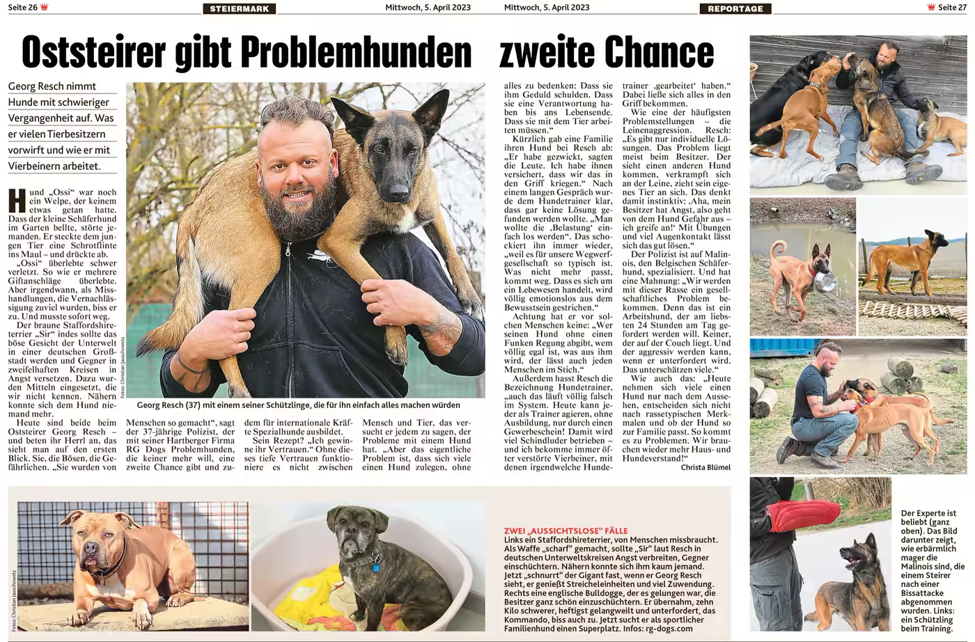 Zeitungsartikel „Oststeirer gibt Problemhunden zweite Chance“