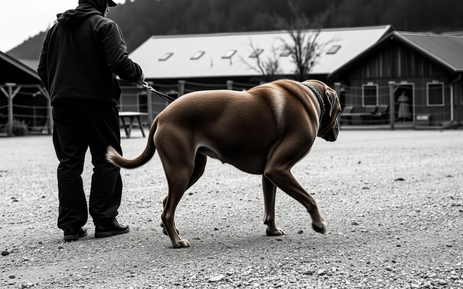 Hund wird einzeln über den Hof geführt
