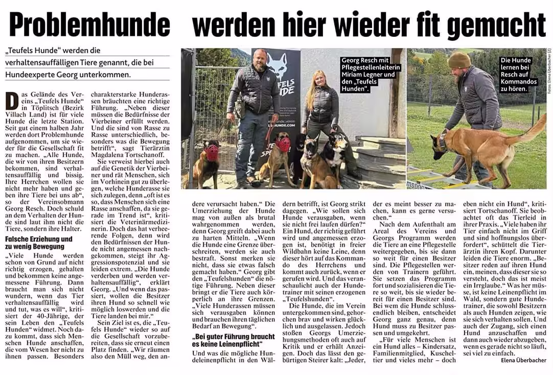 Zeitungsartikel „Problemhunde werden hier wieder fit gemacht“