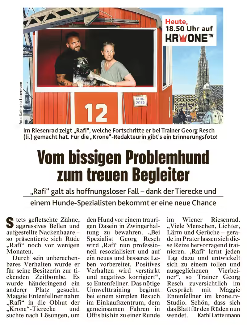 Zeitungsartikel „Vom bissigen Problemhund zum treuen Begleiter“