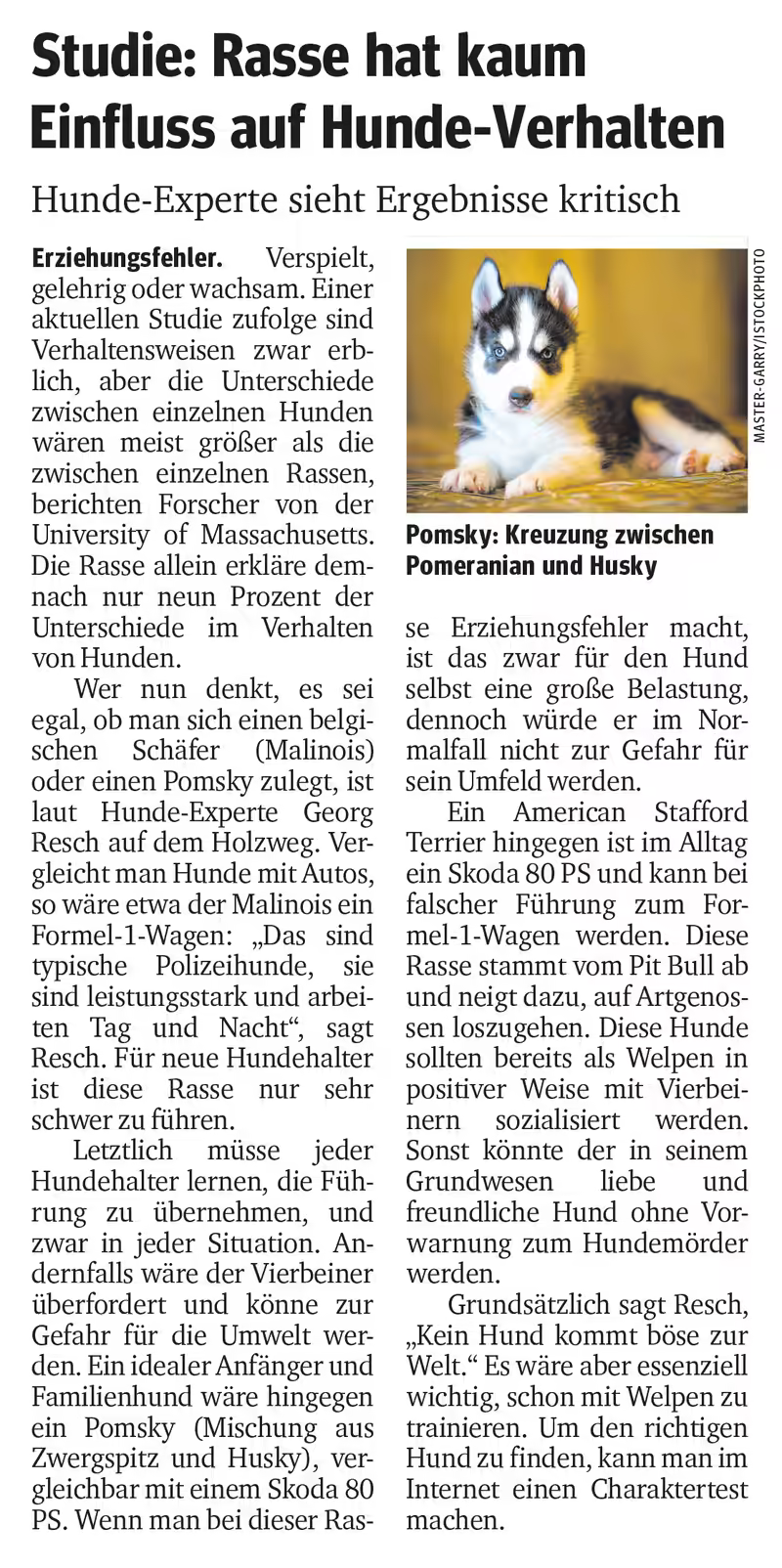 Kurier-Artikel über eine Studie zum Einfluss der Rasse auf das Hundeverhalten