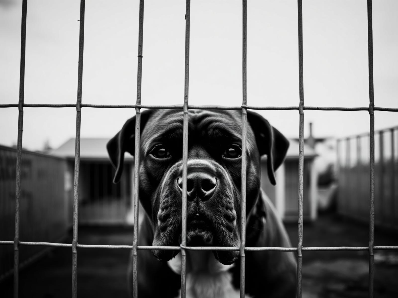 Großer Hund hinter einem Zaun blickt ruhig in die Kamera